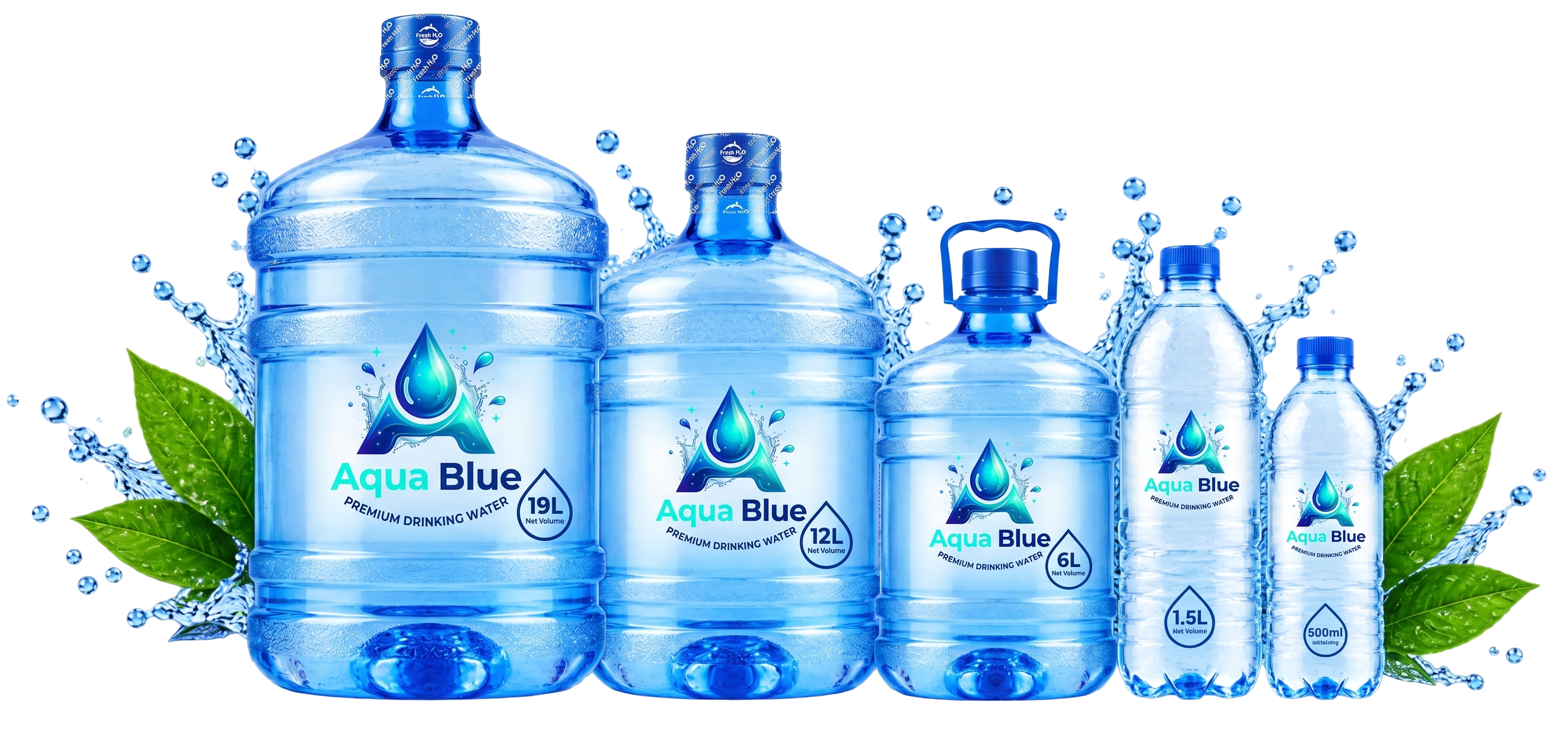 Aqua Blue water bottles - 19L, 12L, 6L, 1.5L, 500ml