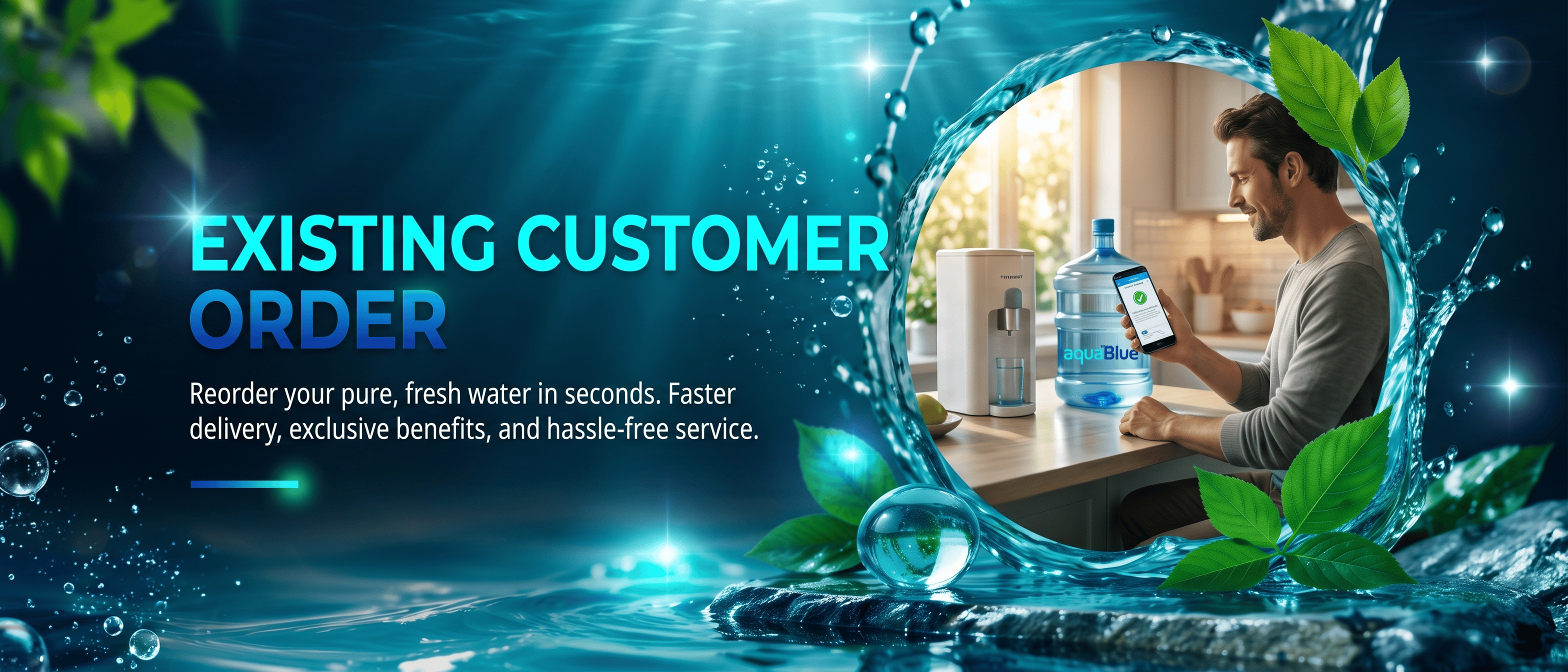 Existing customer order: reorder Aqua Blue water quickly and easily